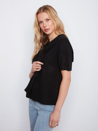 Cozy black short-sleeve sweater crafted from soft knit fabric by Charlie B.