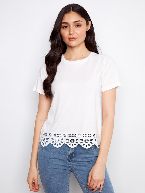 T-shirt à manches courtes avec broderie à l’ourlet - Blanc