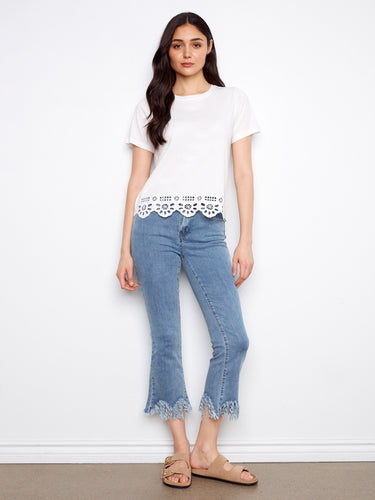 Cotton T-shirt with intricate bottom hem embroidery, offering a stylish yet comfortable fit by Charlie B.