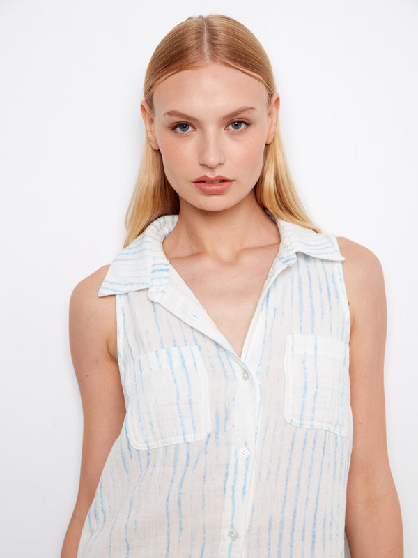 Robe chemise sans manches en coton gaufré - Rayures