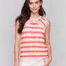 Crochet top with a colorful striped pattern, perfect for vibrant looks, by Charlie B.