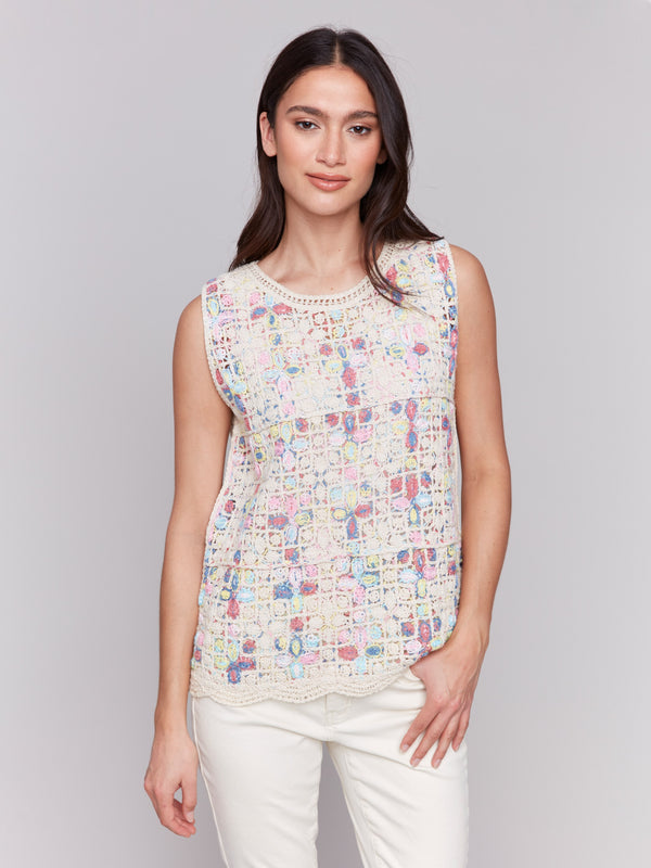 Cotton sleeveless top with a vibrant pattern by Charlie B.