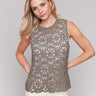Celadon crochet top featuring an intricate floral pattern by Charlie B.