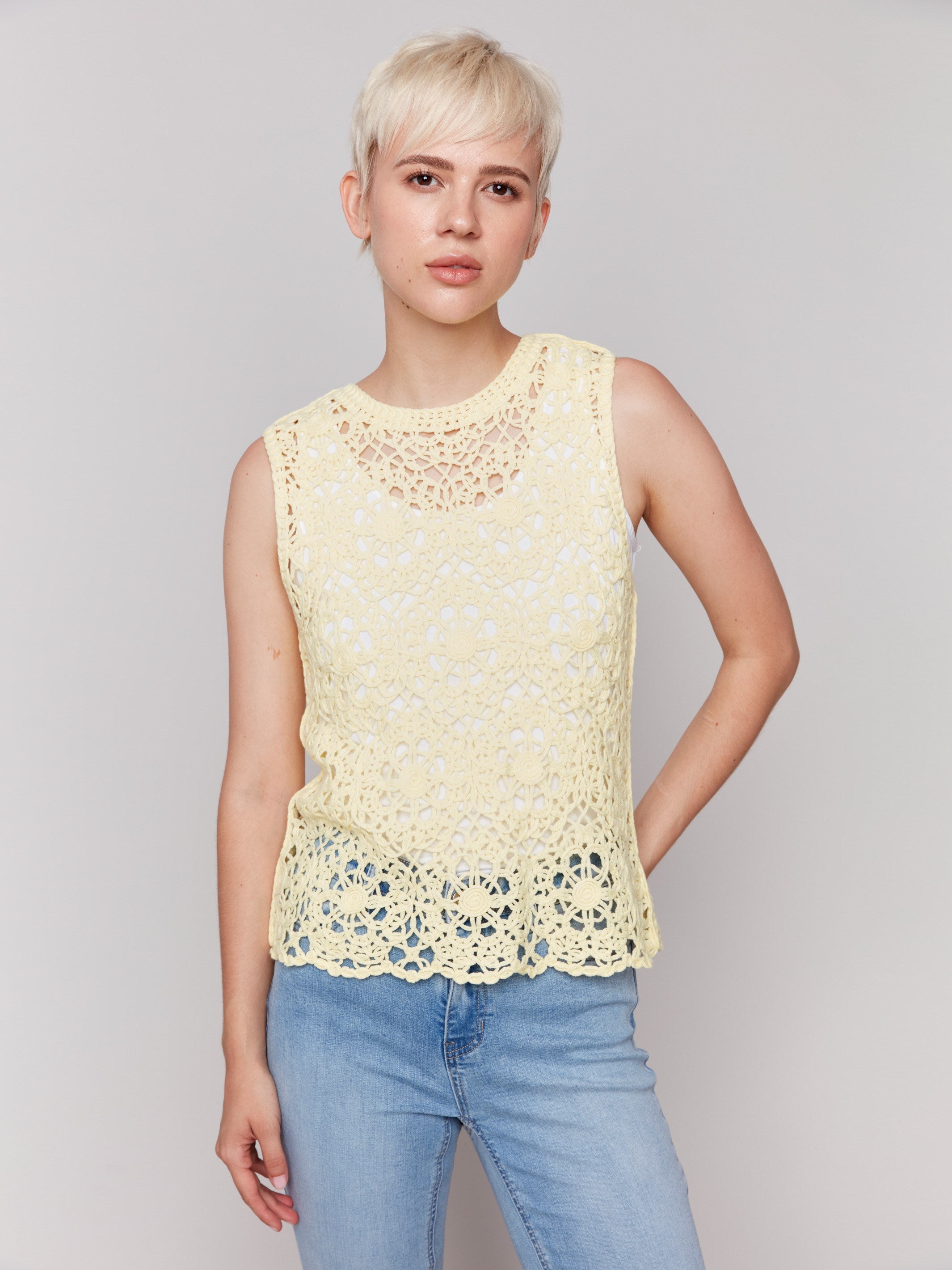 Lemonade crochet top with intricate floral pattern, perfect for summer by Charlie B.