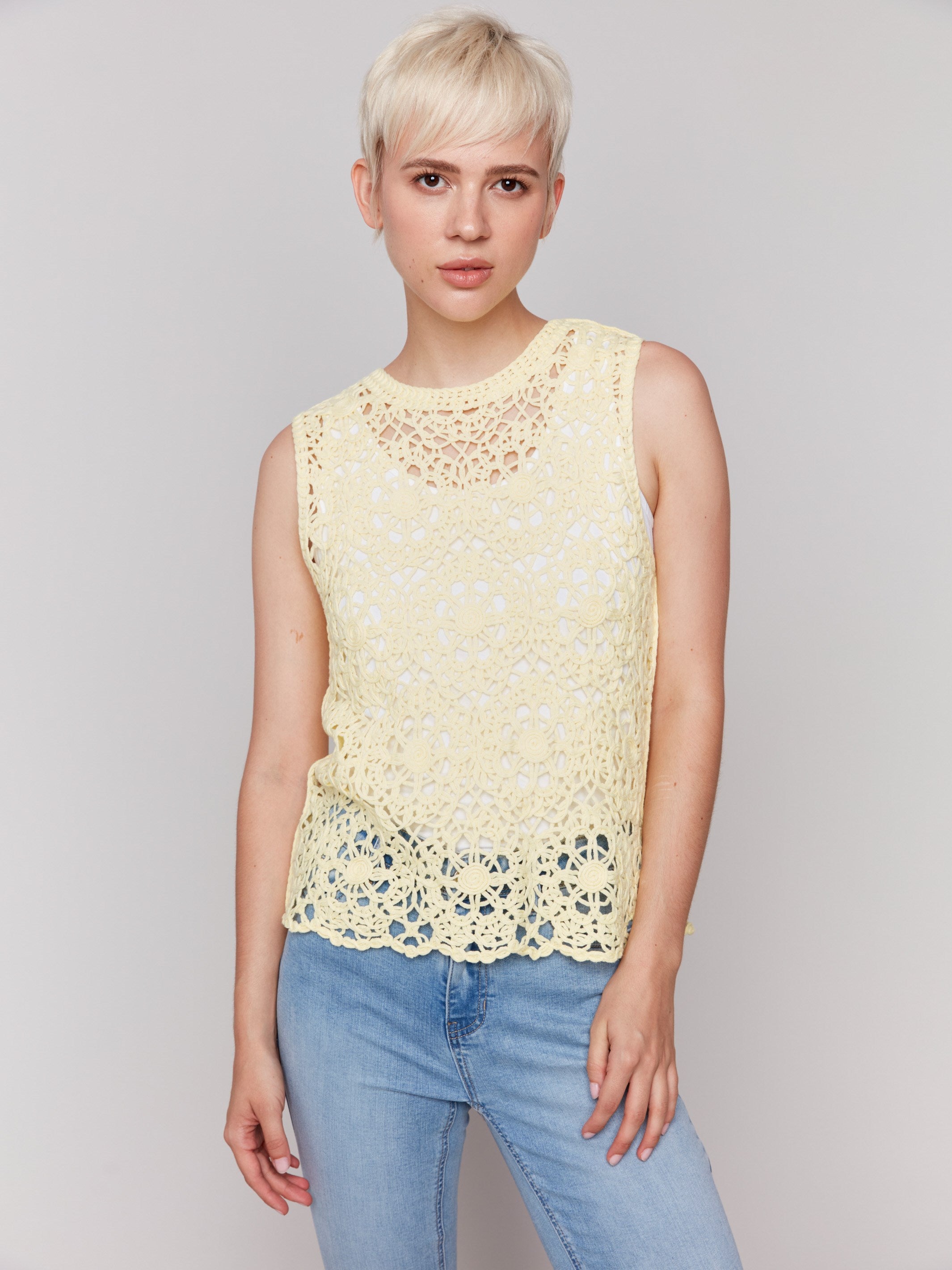 Elegant lemonade crochet top showcasing beautiful craftsmanship and style by Charlie B.