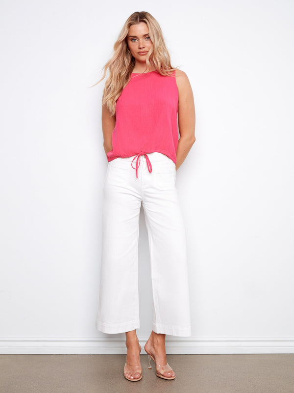 Sleeveless Linen Blend Top With Drawcord - Fuchsia