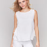 White linen blend top with crew neckline, featuring a relaxed silhouette by Charlie B.