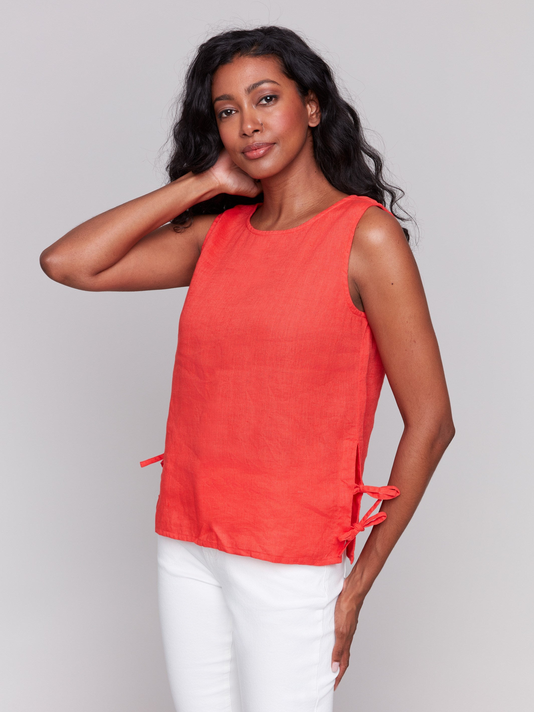 Linen blend top with crew neckline, showcasing a timeless style by Charlie B.