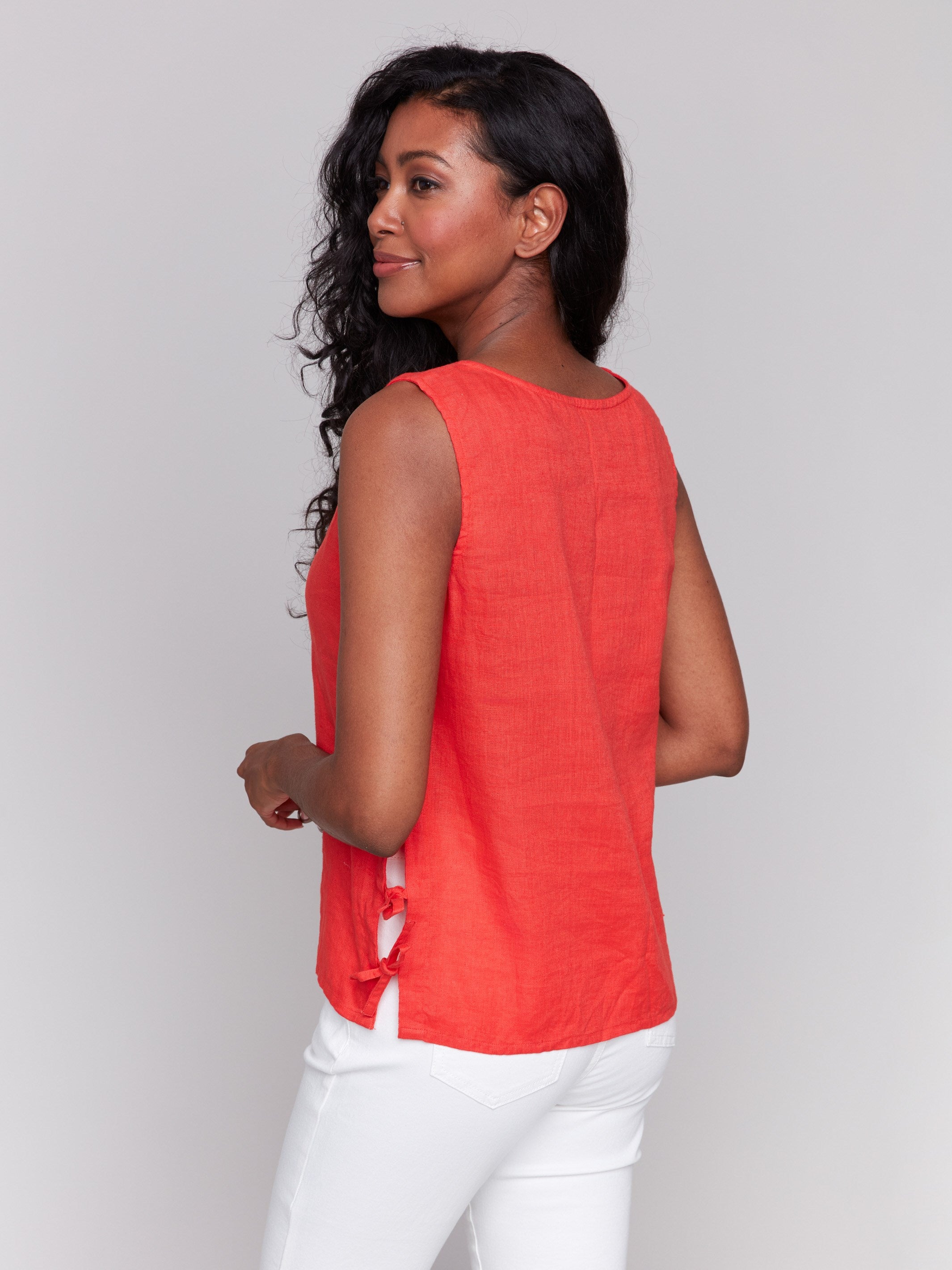 Fiesta-inspired linen top, designed for comfort and style by Charlie B.