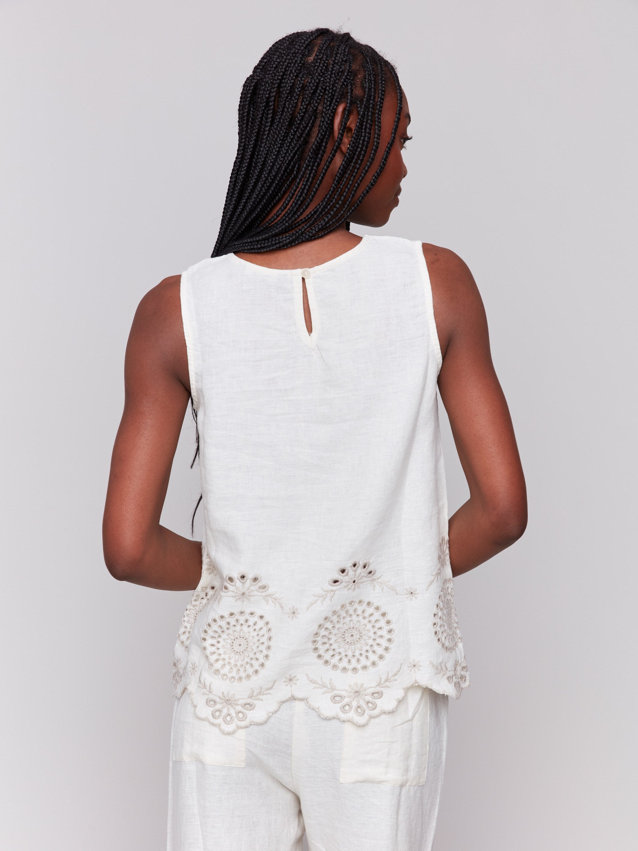 Stylish sleeveless linen top with scalloped hem by Charlie B.