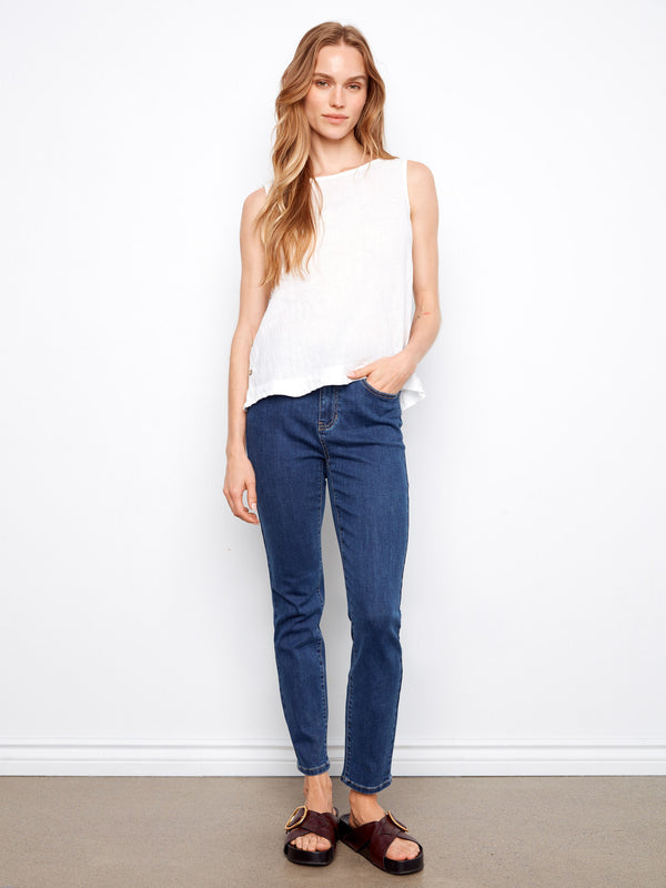 Sleeveless Linen Top With Side Buttons - White