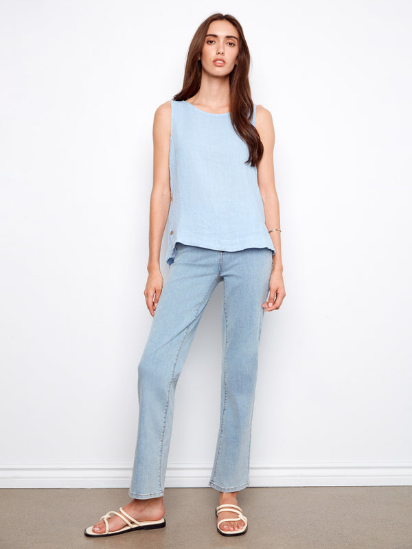 Sleeveless Linen Top With Side Buttons - Mist