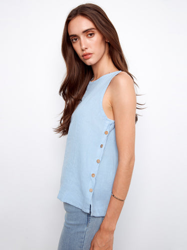 The side button detailing on this light blue top adds an extra element of style and sophistication. A chic choice by Charlie B.