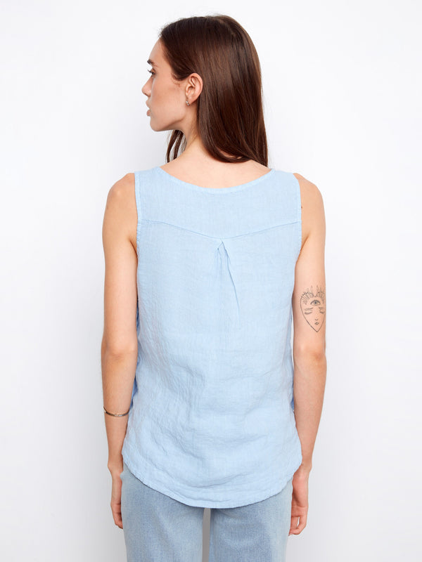 Sleeveless Linen Top With Side Buttons - Mist