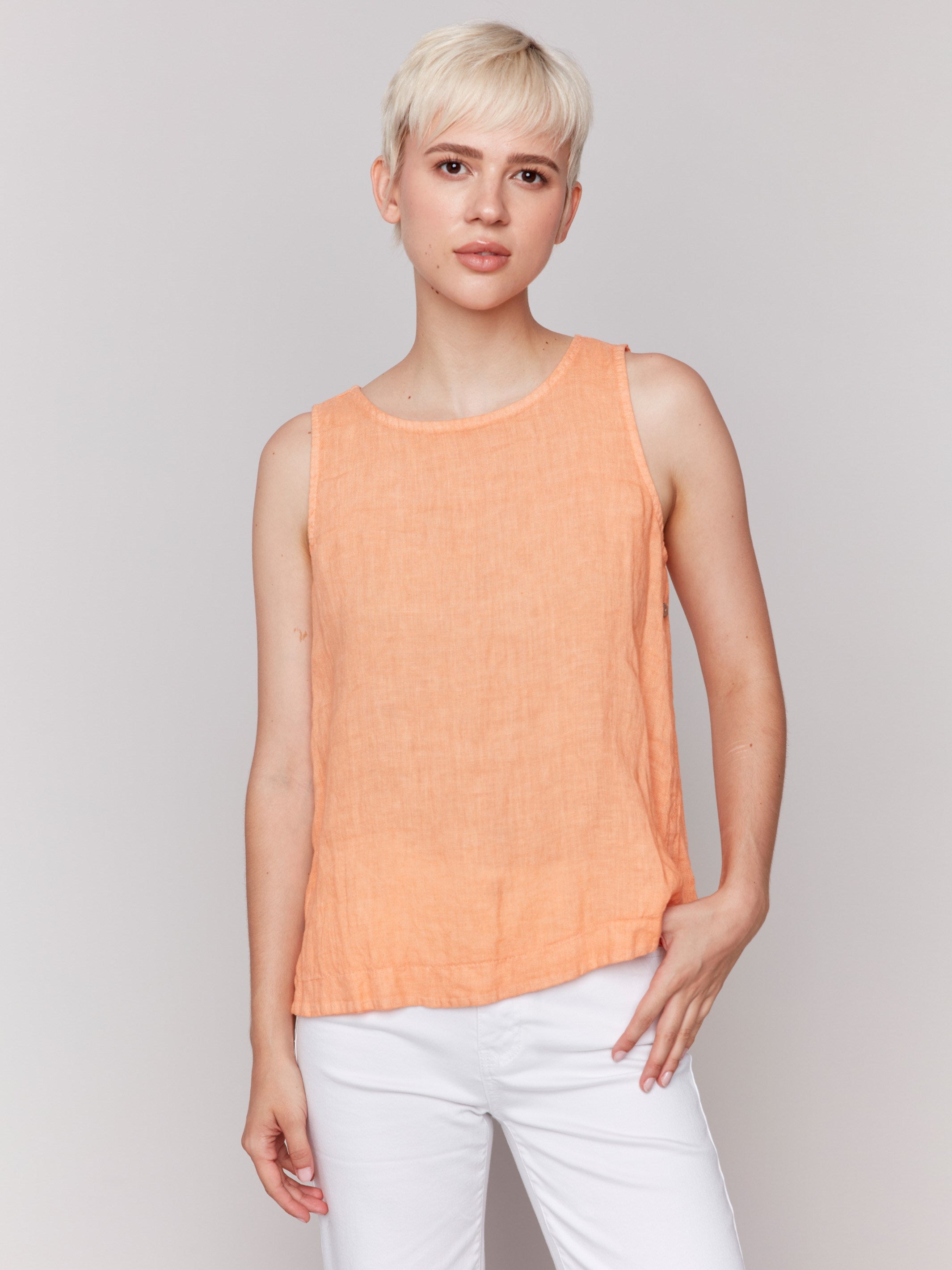 Papaya linen tank top featuring a high-low hem by Charlie B.