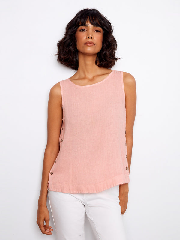 Sleeveless Linen Top With Side Buttons - Peony