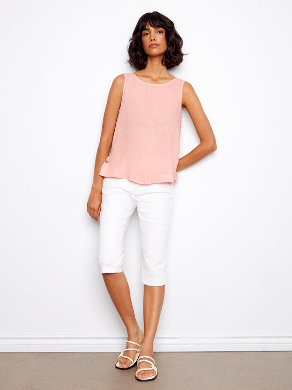 Sleeveless Linen Top With Side Buttons - Peony