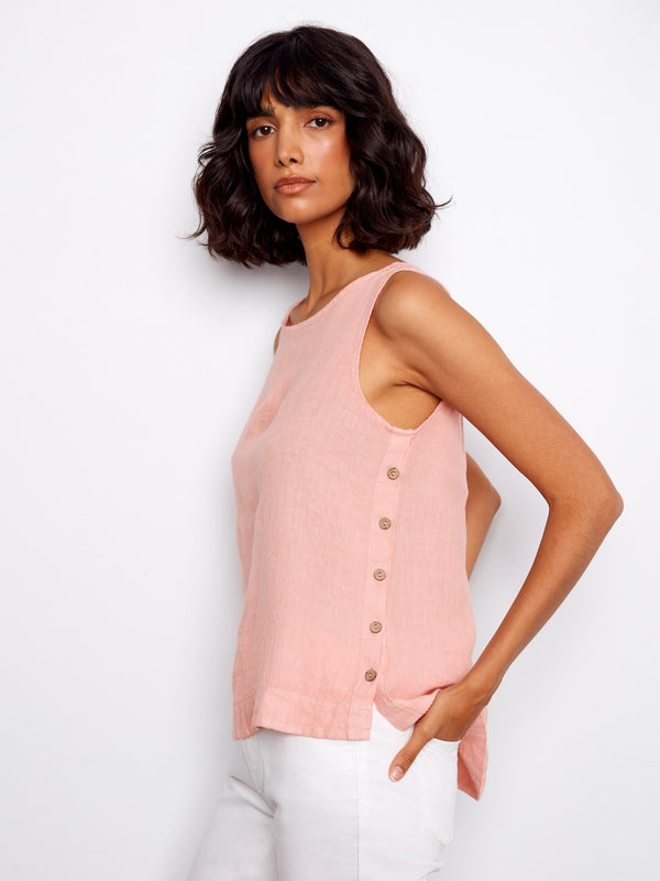 Sleeveless Linen Top With Side Buttons - Peony