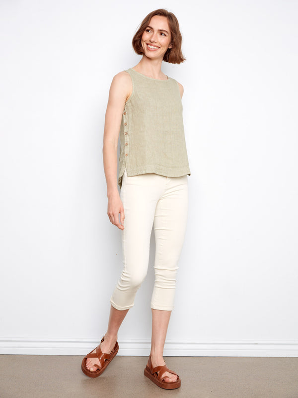 Sleeveless Linen Top With Side Buttons - Sage