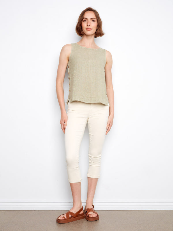 Sleeveless Linen Top With Side Buttons - Sage