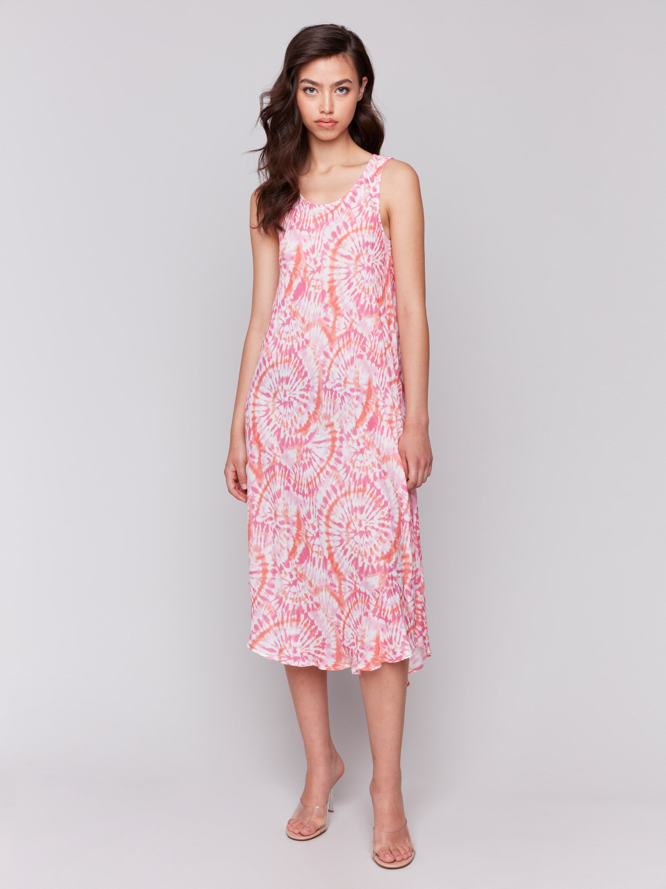 Flowy silhouette dress with a papaya tie-dye design by Charlie B.