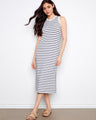 Striped dress featuring a crew neckline, perfect for casual outings. The comfortable design adds to its appeal by Charlie B.