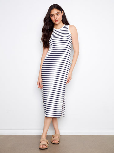 Stylish striped dress made from stretch scuba fabric, offering both comfort and elegance. A must-have piece by Charlie B.