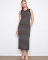 Black sleeveless striped scuba dress featuring a maxi length for elegant style by Charlie B.