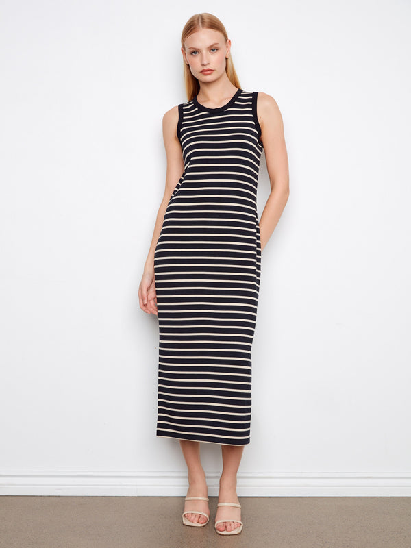 Sleeveless Striped Scuba Dress - Black