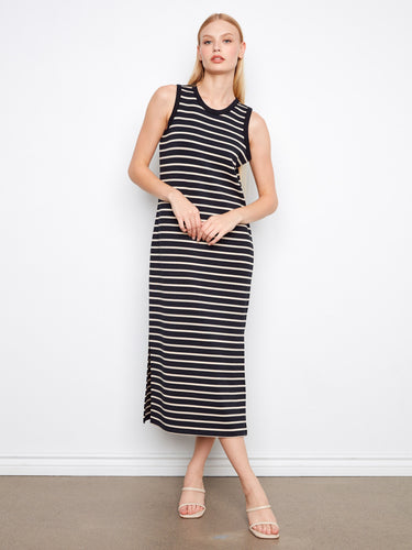 Denim sleeveless striped scuba dress with chic side slits for added flair by Charlie B.