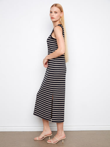 Denim sleeveless striped scuba dress designed with a comfortable crew neckline by Charlie B.