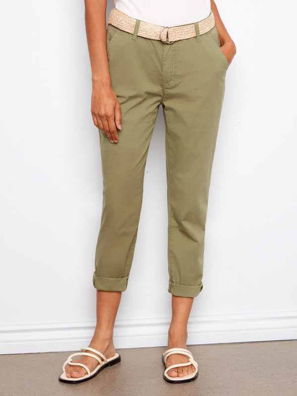 Slim Fit Pants With Belt - Celadon