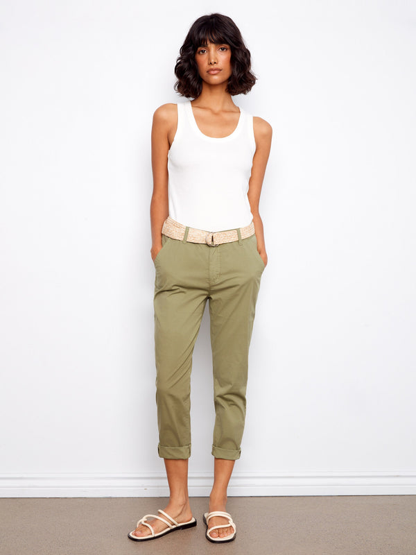 Slim Fit Pants With Belt - Celadon