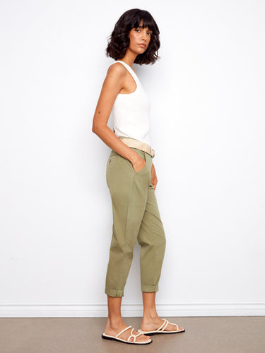 Stylish cropped length trousers with an included belt add versatility to your wardrobe by Charlie B.