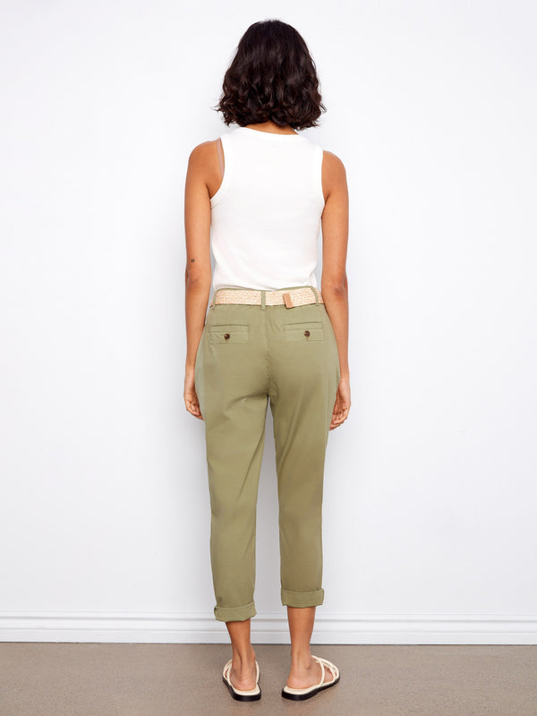 Slim Fit Pants With Belt - Celadon