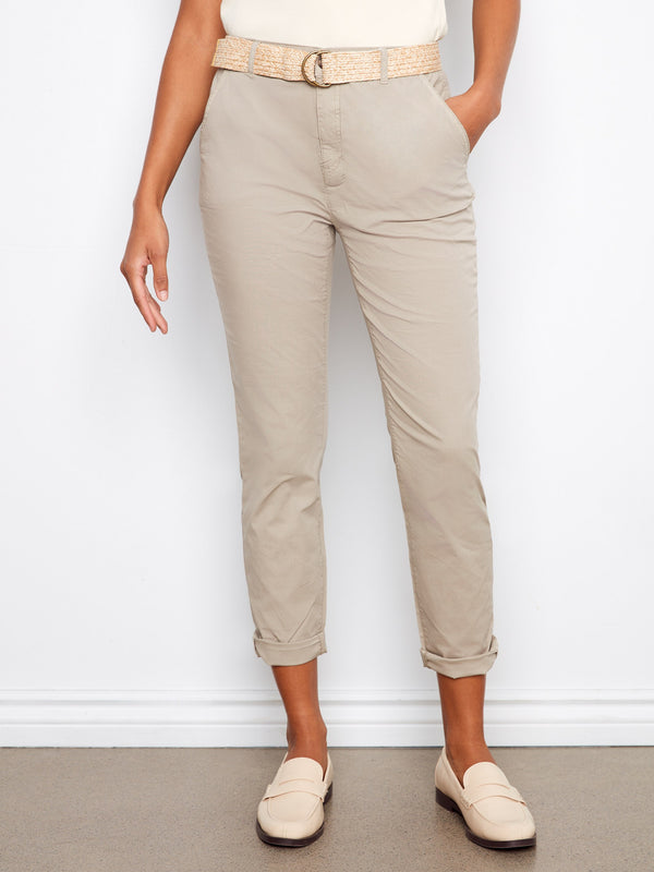 Slim Fit Pants With Belt - Greige