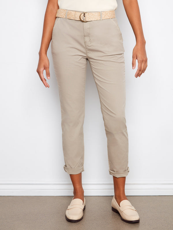 Slim Fit Pants With Belt - Greige