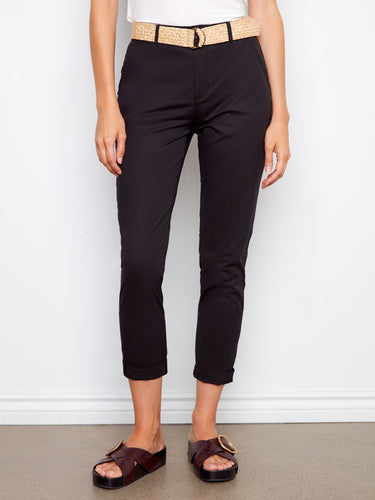Black slim-fit pants featuring regular rise and a chic belt, crafted in stretch twill fabric by Charlie B.