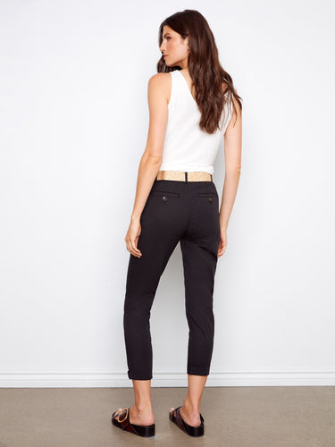 Black slim-fit pants designed in stretch twill fabric, complete with a modern belt and regular rise by Charlie B.