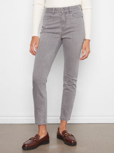 Grey slim leg jeans with zip fly and button closure, made from stretch denim for comfort by Charlie B.