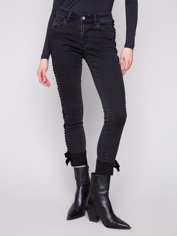 These ankle-length jeans in charcoal have a chic folded hem for a modern touch by Charlie B.