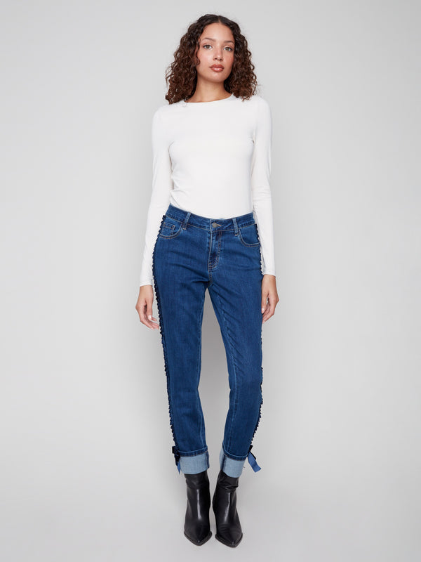 Indigo slim leg jeans crafted from stretch denim fabric offer comfort and style with unique detailing by Charlie B.