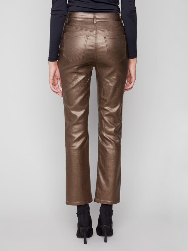 Step out in style with these ankle-length copper metallic pants, designed for a flattering silhouette by Charlie B.