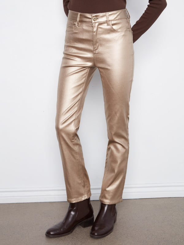 Pantalon en sergé ciré métallisé à jambe étroite - Laiton
