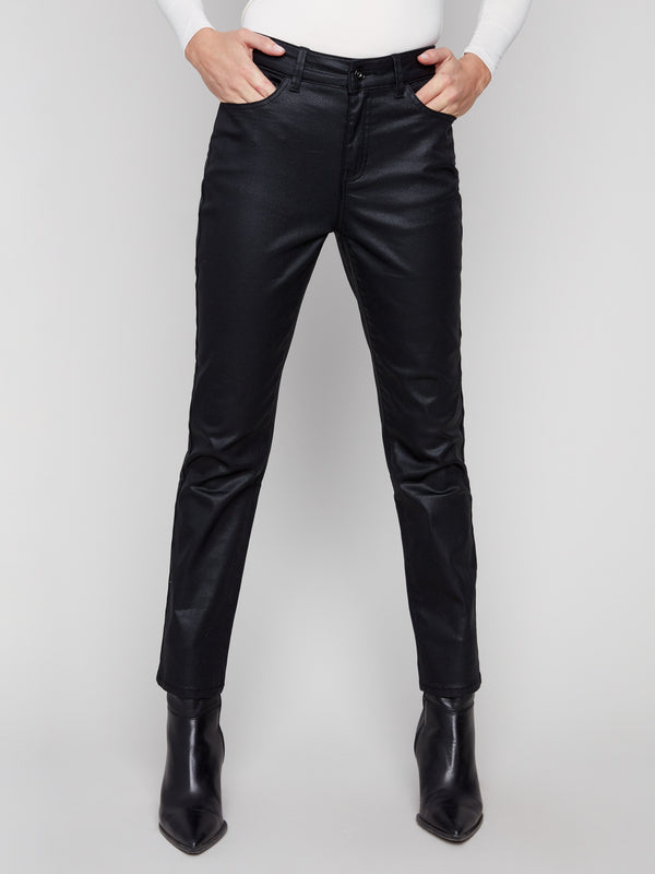Sleek black slim-leg pants crafted from stretch twill fabric for comfort and style by Charlie B.