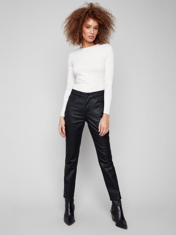 Elegant black slim-fit pants with a regular rise, ideal for pairing with various tops by Charlie B.