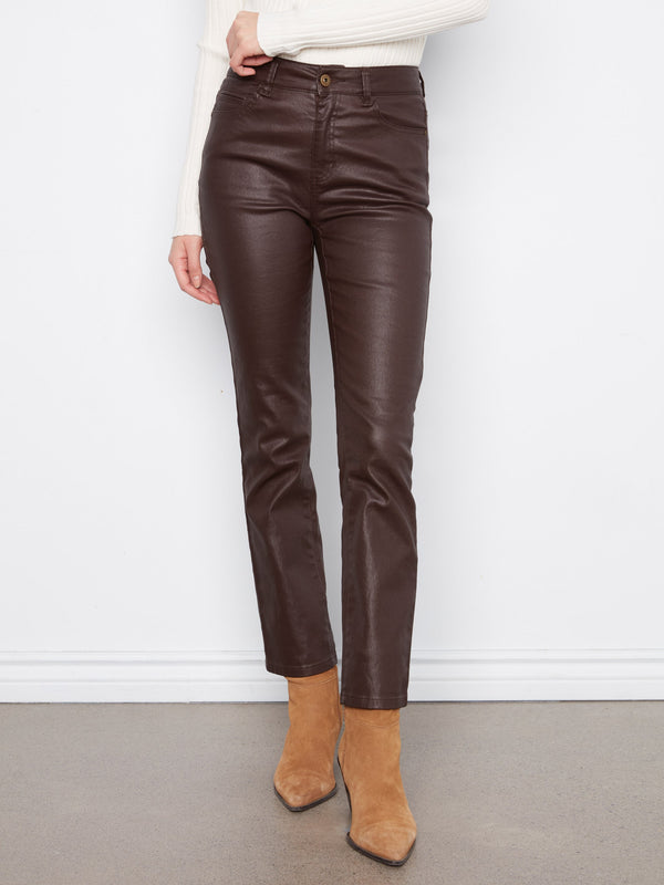 Pantalon en sergé ciré à jambe étroite - Café