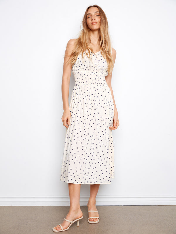 Smocked Printed Viscose Dress - White