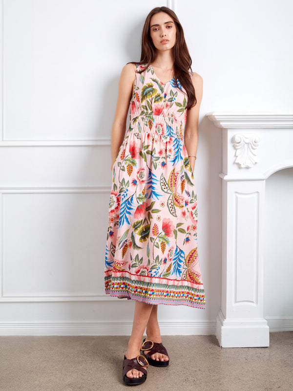 Smocked Printed Viscose Dress - Gardenia
