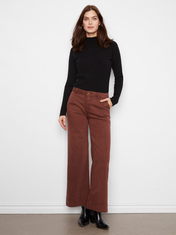 Pantalon à jambe large en sergé doux - Chocolat